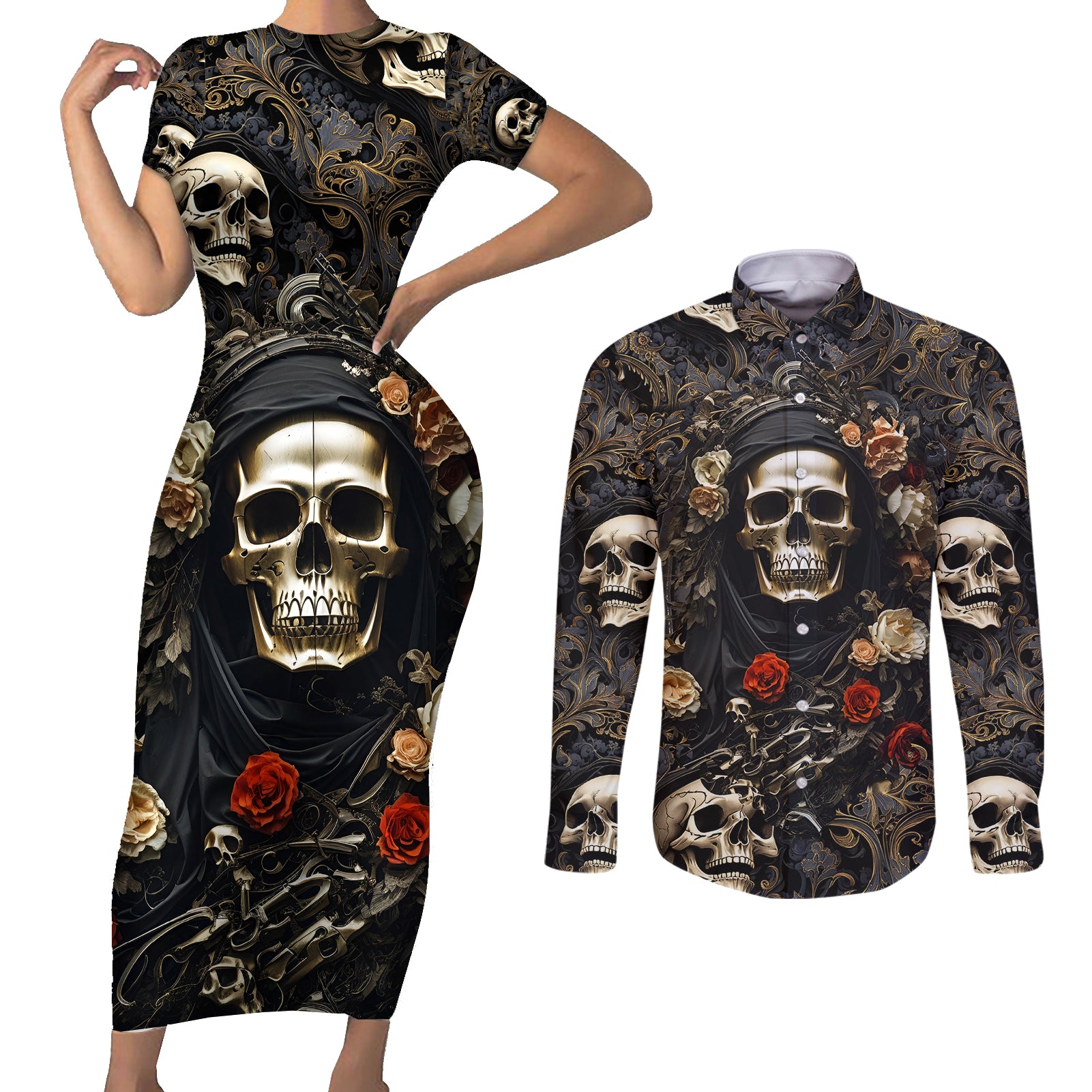 skull-roses-couples-matching-short-sleeve-bodycon-dress-and-long-sleeve-button-shirts-never-say-die