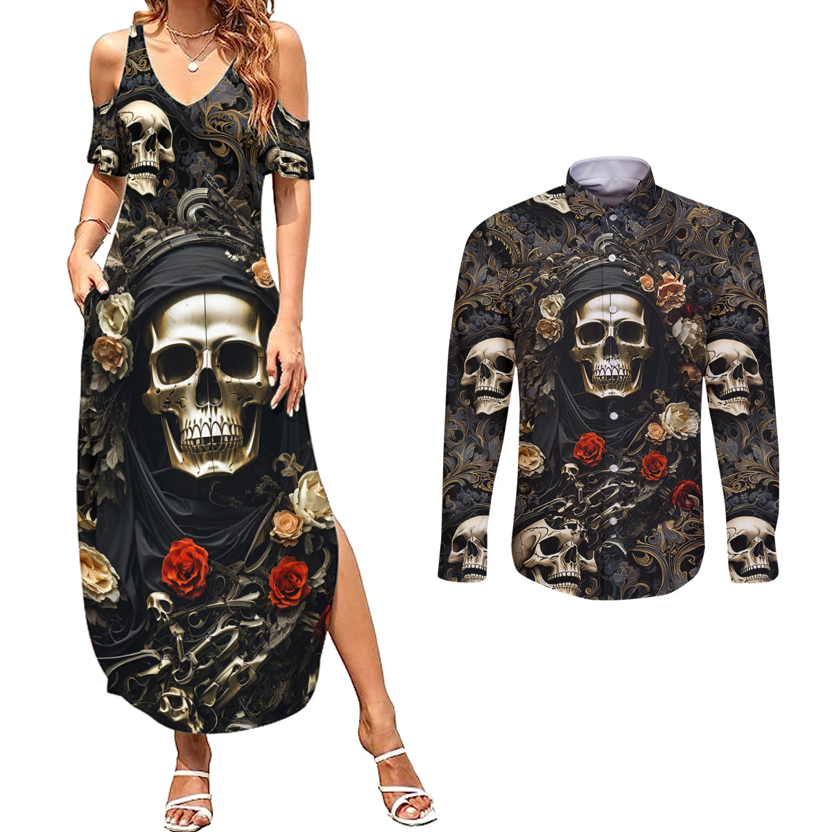 skull-roses-couples-matching-summer-maxi-dress-and-long-sleeve-button-shirts-never-say-die