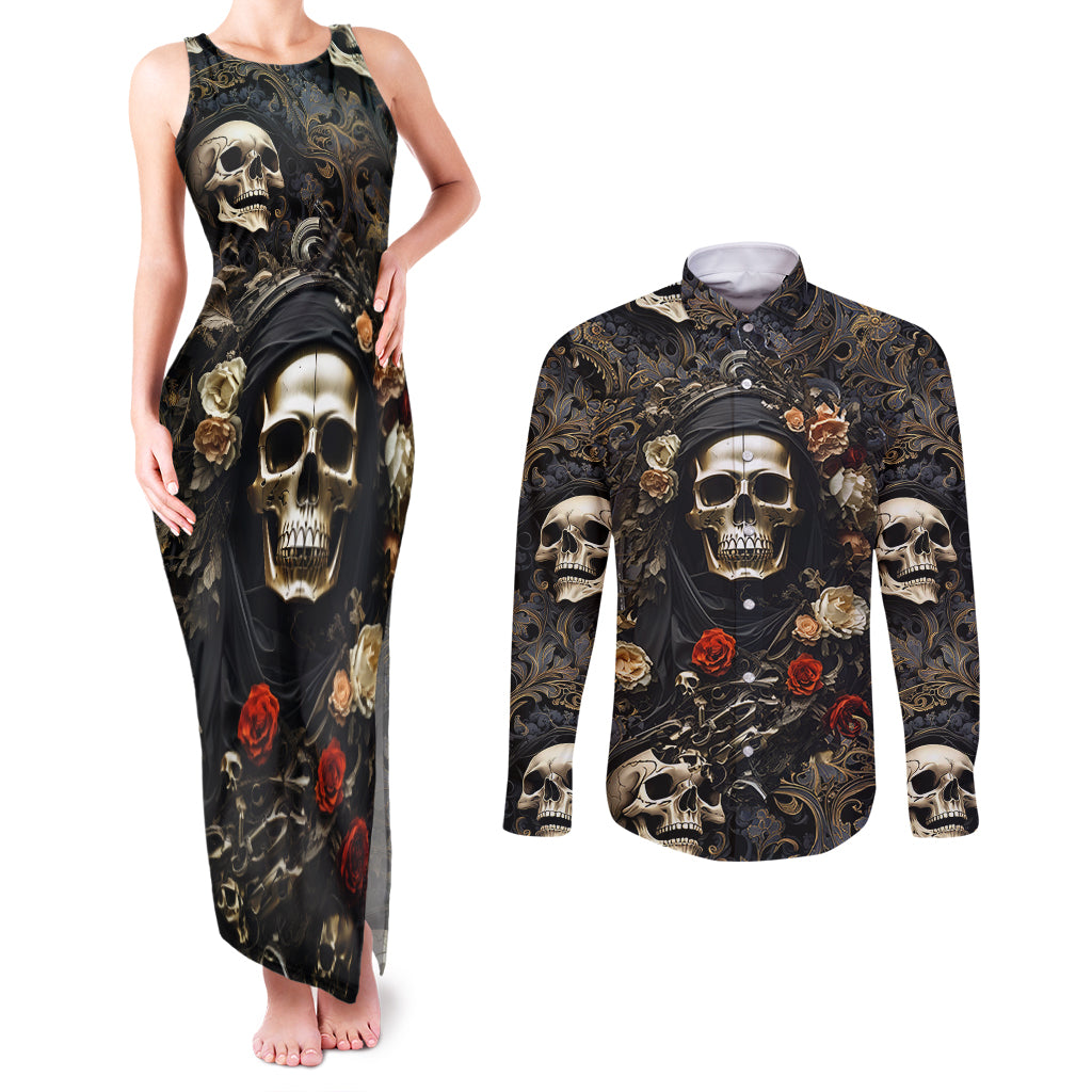 skull-roses-couples-matching-tank-maxi-dress-and-long-sleeve-button-shirts-never-say-die