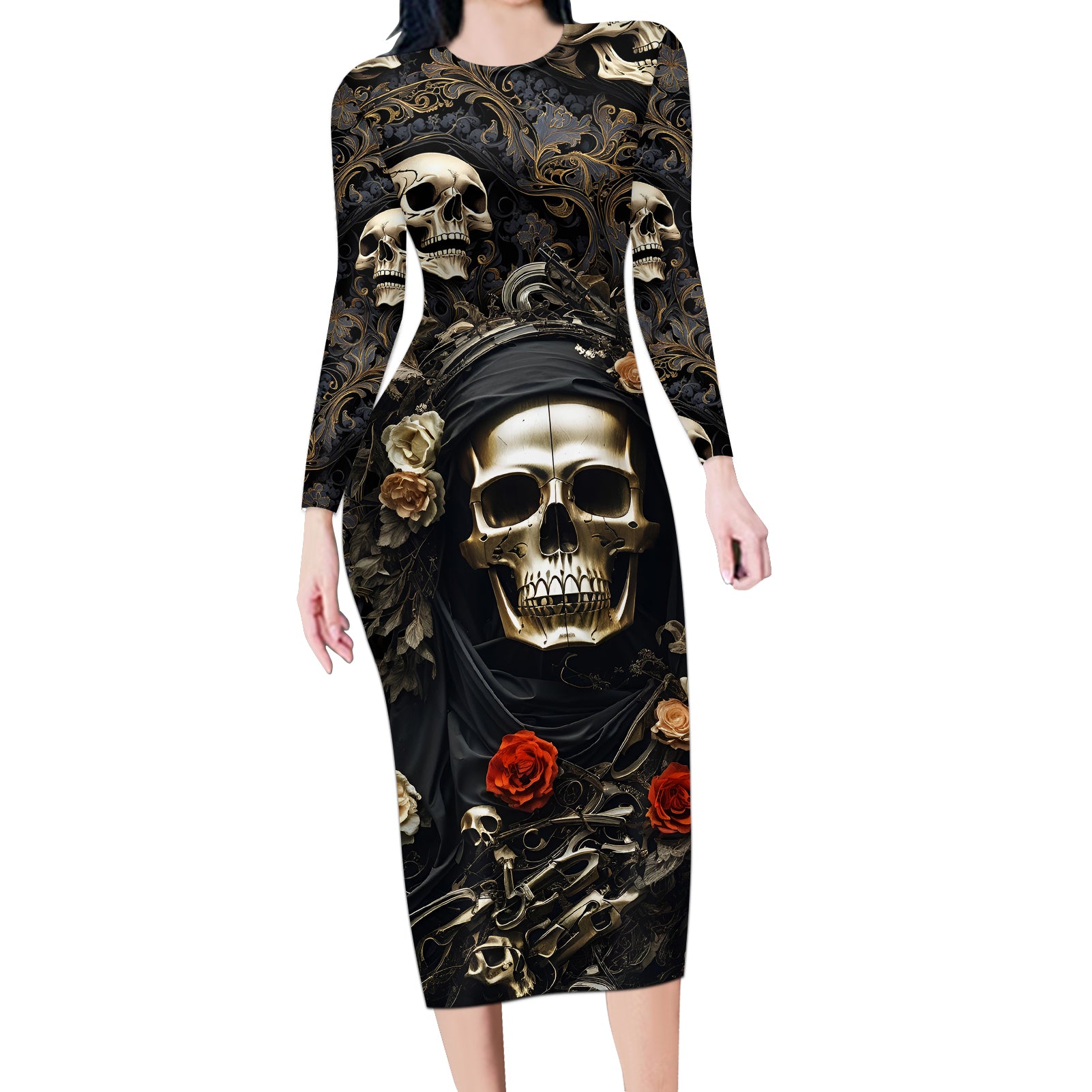 skull-roses-long-sleeve-bodycon-dress-never-say-die