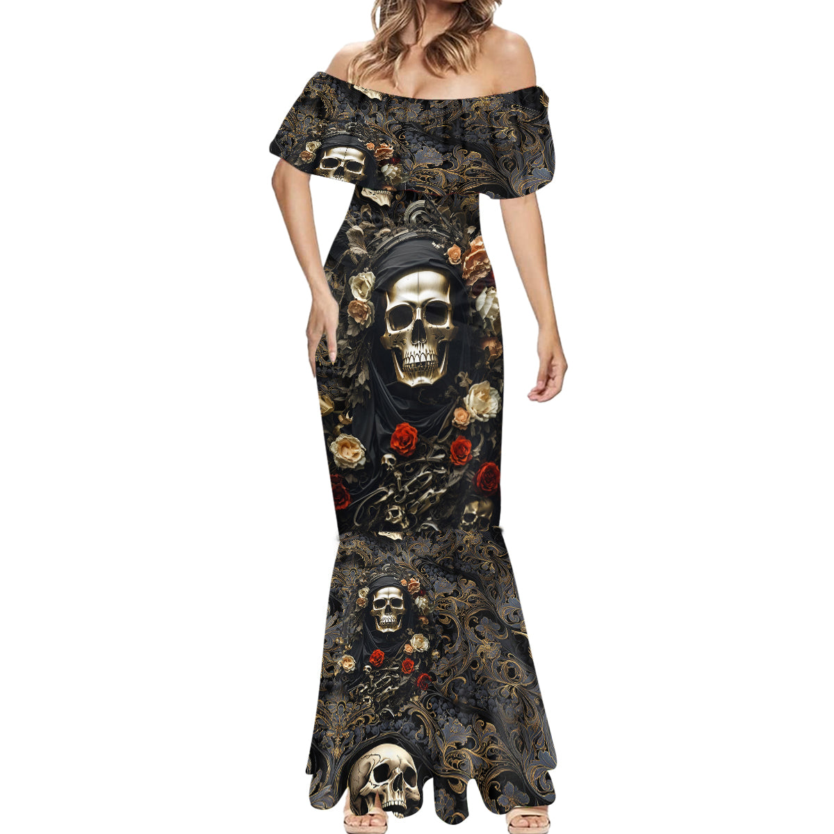 skull-roses-mermaid-dress-never-say-die