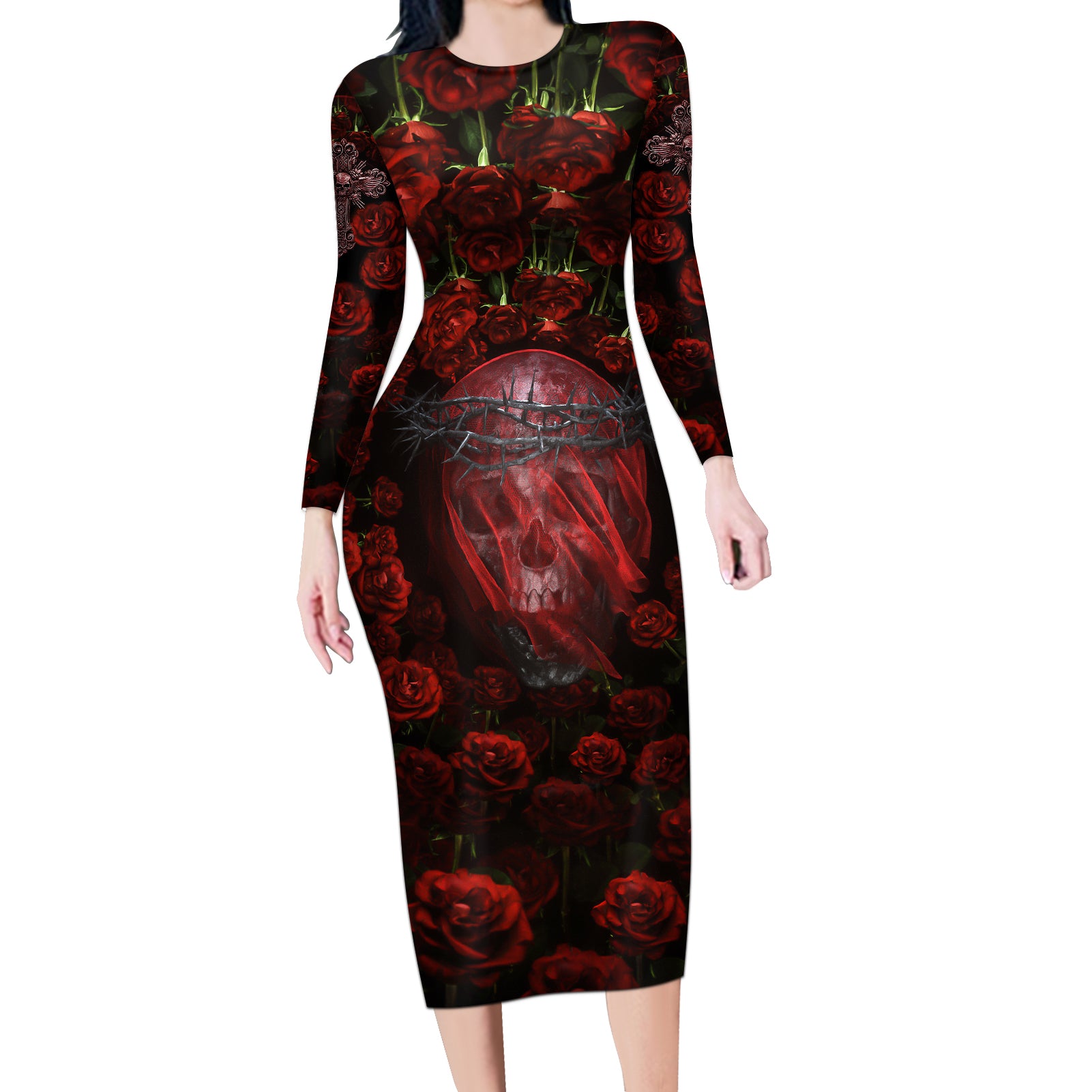 skull-roses-long-sleeve-bodycon-dress-you-are-not-hard-to-love