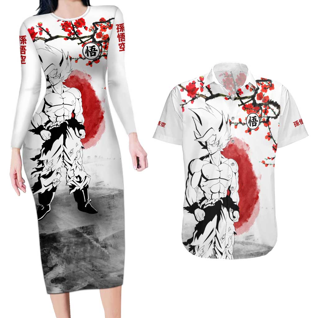 Goku - Dragon Ball Couples Matching Long Sleeve Bodycon Dress and Hawaiian Shirt Japan Cherry Blossom Style
