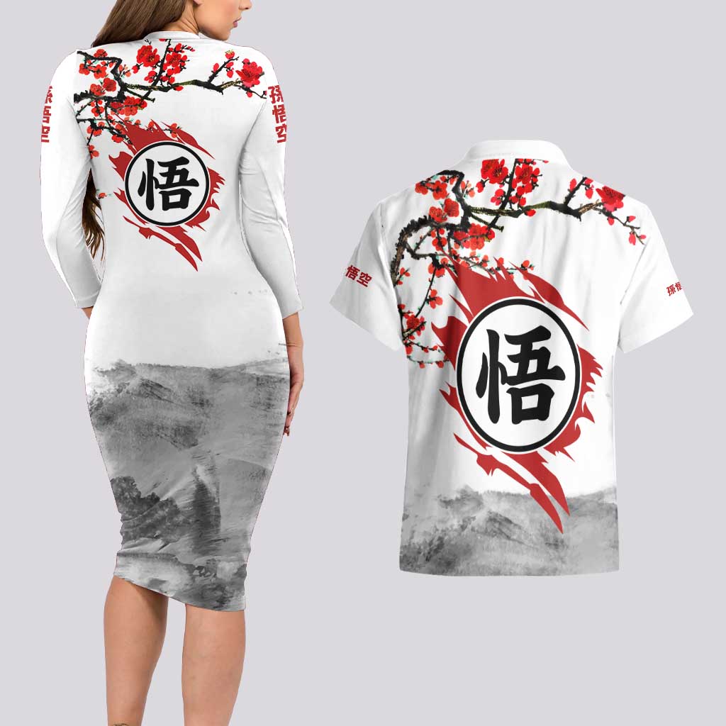 Goku - Dragon Ball Couples Matching Long Sleeve Bodycon Dress and Hawaiian Shirt Japan Cherry Blossom Style