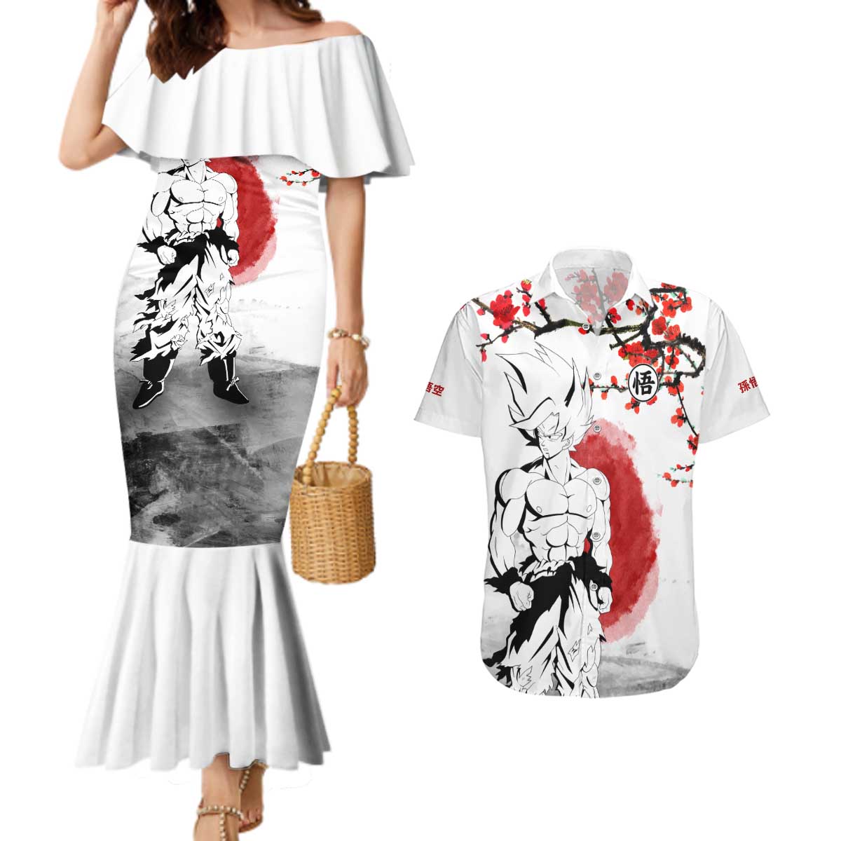 Goku - Dragon Ball Couples Matching Mermaid Dress and Hawaiian Shirt Japan Cherry Blossom Style