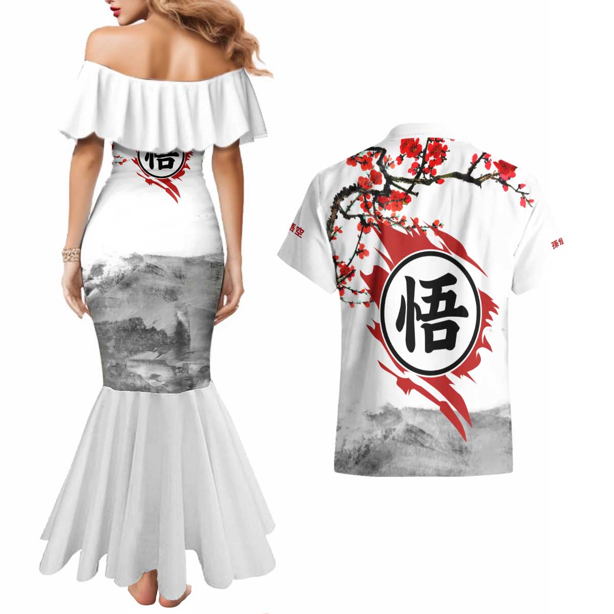Goku - Dragon Ball Couples Matching Mermaid Dress and Hawaiian Shirt Japan Cherry Blossom Style