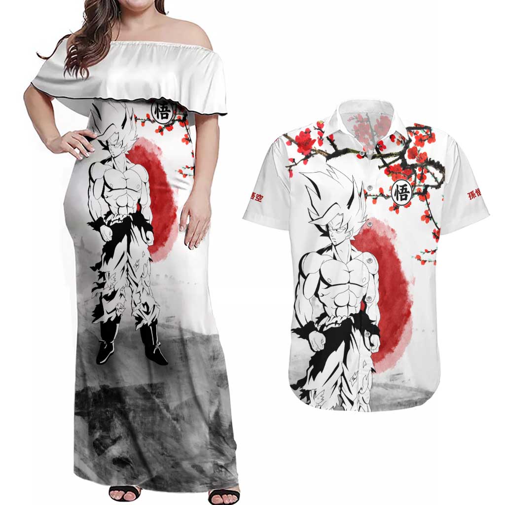 Goku - Dragon Ball Couples Matching Off Shoulder Maxi Dress and Hawaiian Shirt Japan Cherry Blossom Style