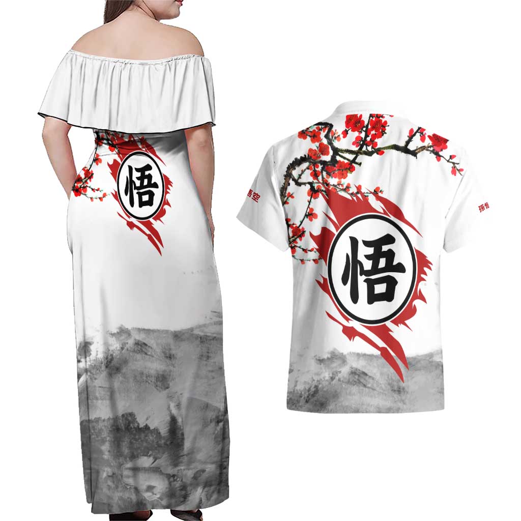 Goku - Dragon Ball Couples Matching Off Shoulder Maxi Dress and Hawaiian Shirt Japan Cherry Blossom Style
