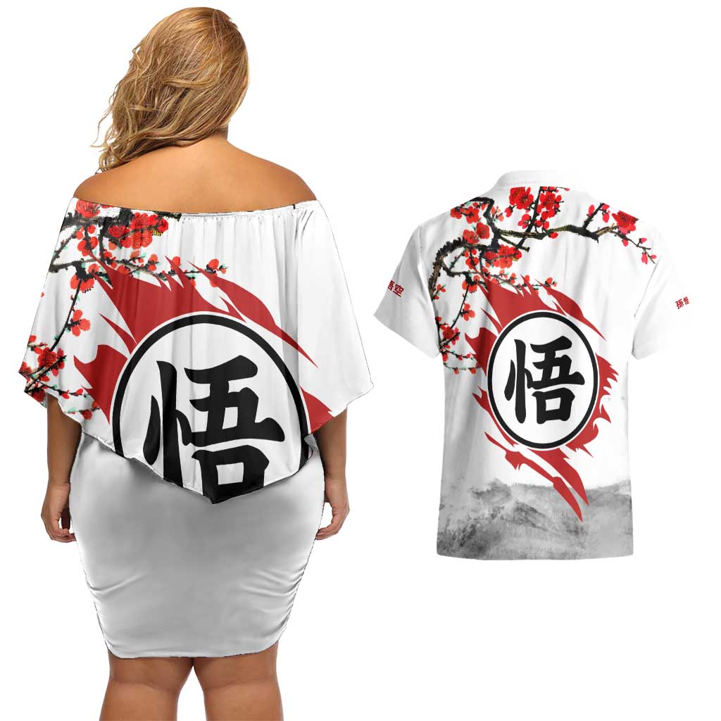 Goku - Dragon Ball Couples Matching Off Shoulder Short Dress and Hawaiian Shirt Japan Cherry Blossom Style