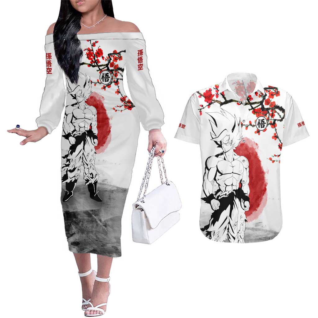 Goku - Dragon Ball Couples Matching Off The Shoulder Long Sleeve Dress and Hawaiian Shirt Japan Cherry Blossom Style