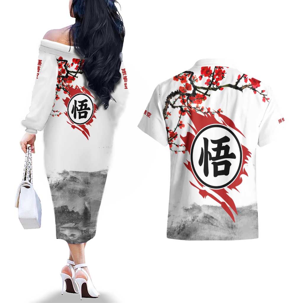 Goku - Dragon Ball Couples Matching Off The Shoulder Long Sleeve Dress and Hawaiian Shirt Japan Cherry Blossom Style
