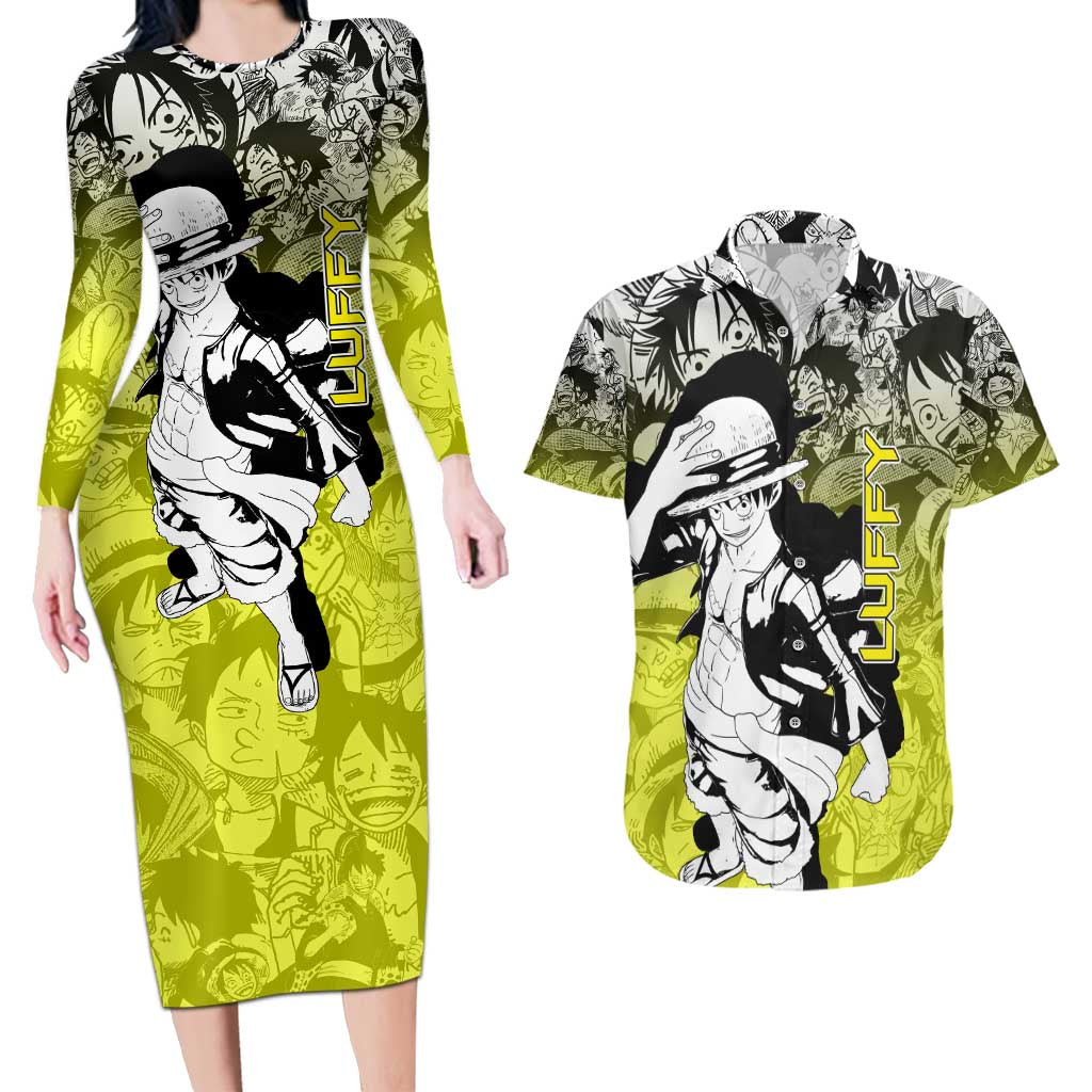 Monkey D. Luffy - One Piece Couples Matching Long Sleeve Bodycon Dress and Hawaiian Shirt Manga Style