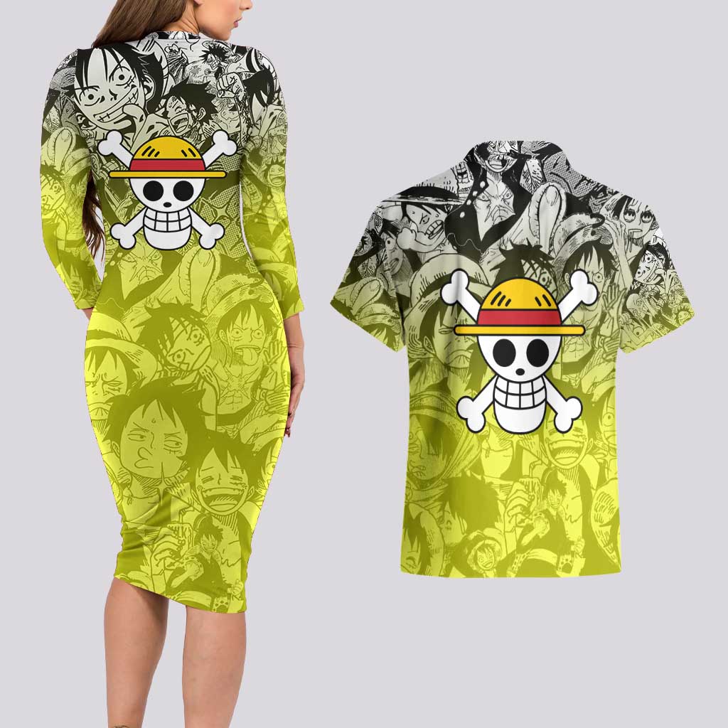 Monkey D. Luffy - One Piece Couples Matching Long Sleeve Bodycon Dress and Hawaiian Shirt Manga Style