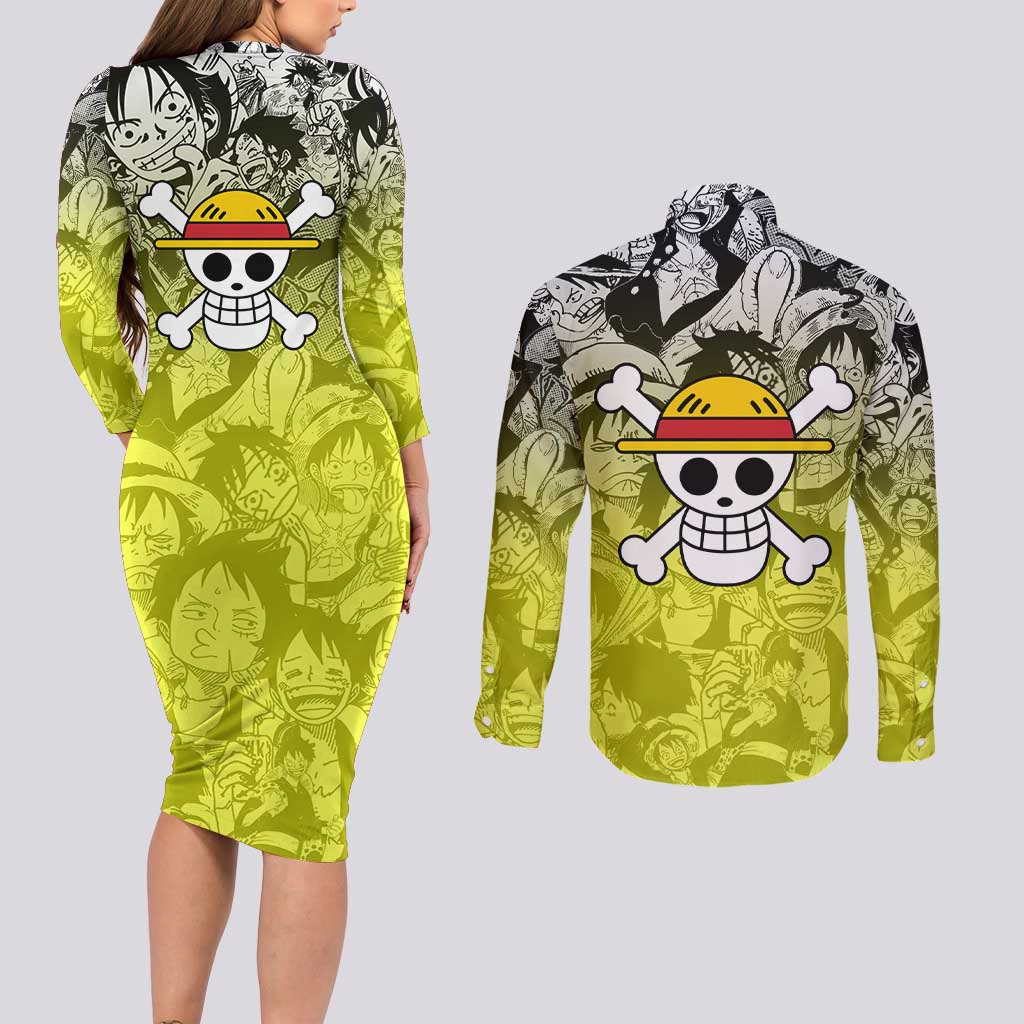 Monkey D. Luffy - One Piece Couples Matching Long Sleeve Bodycon Dress and Long Sleeve Button Shirt Manga Style