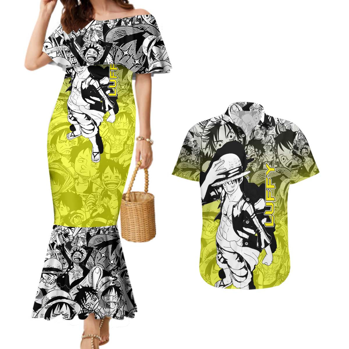 Monkey D. Luffy - One Piece Couples Matching Mermaid Dress and Hawaiian Shirt Manga Style