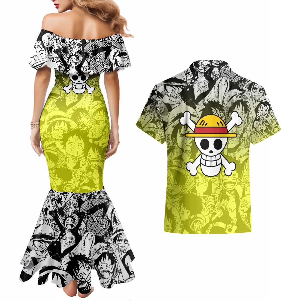 Monkey D. Luffy - One Piece Couples Matching Mermaid Dress and Hawaiian Shirt Manga Style