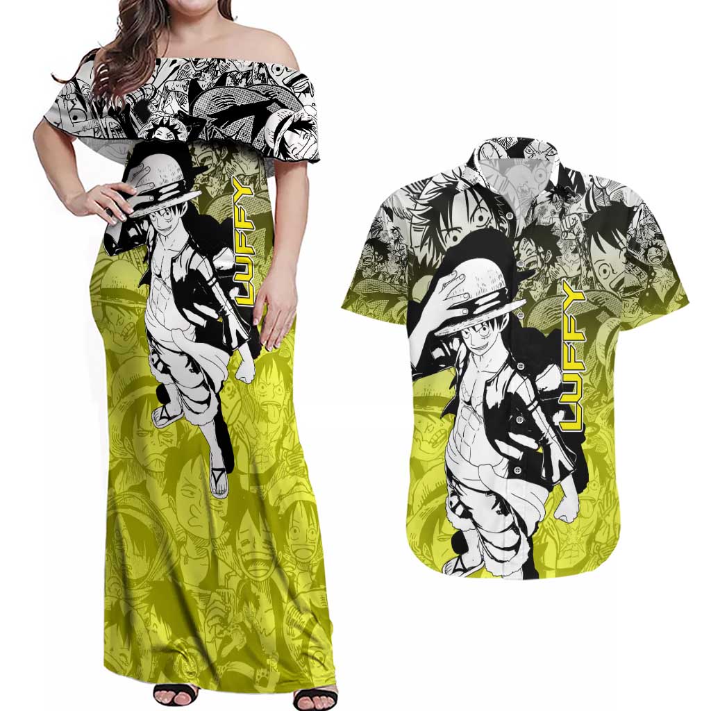 Monkey D. Luffy - One Piece Couples Matching Off Shoulder Maxi Dress and Hawaiian Shirt Manga Style