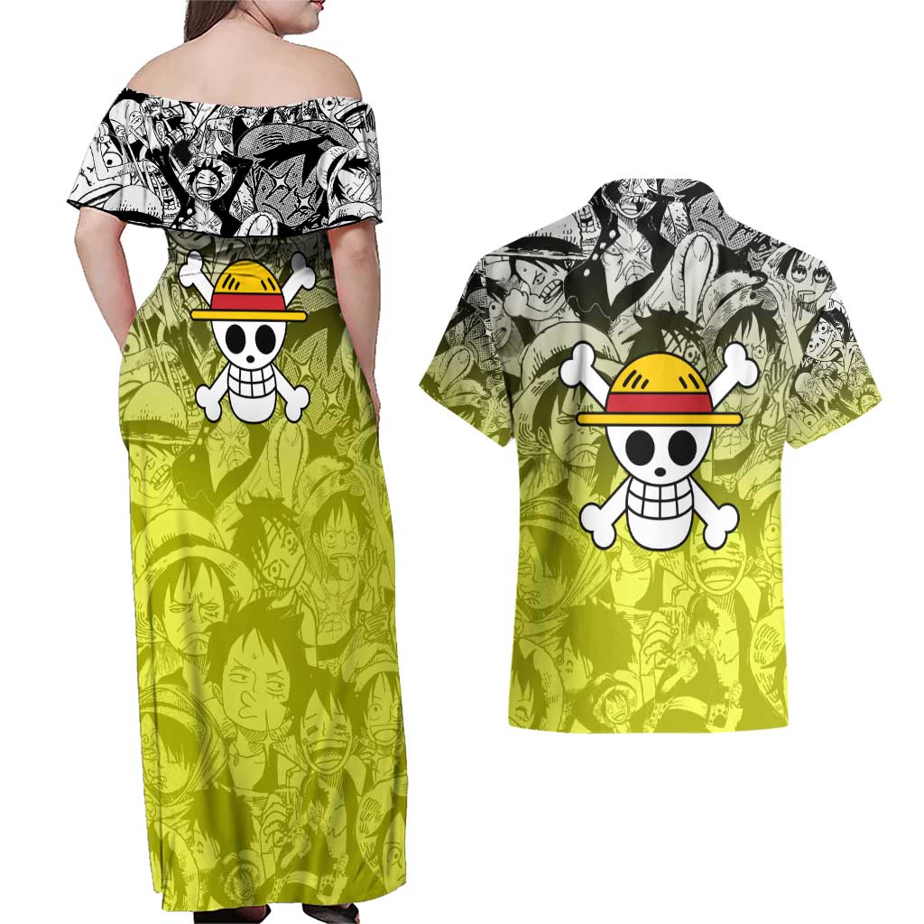Monkey D. Luffy - One Piece Couples Matching Off Shoulder Maxi Dress and Hawaiian Shirt Manga Style