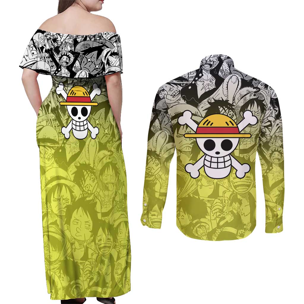 Monkey D. Luffy - One Piece Couples Matching Off Shoulder Maxi Dress and Long Sleeve Button Shirt Manga Style