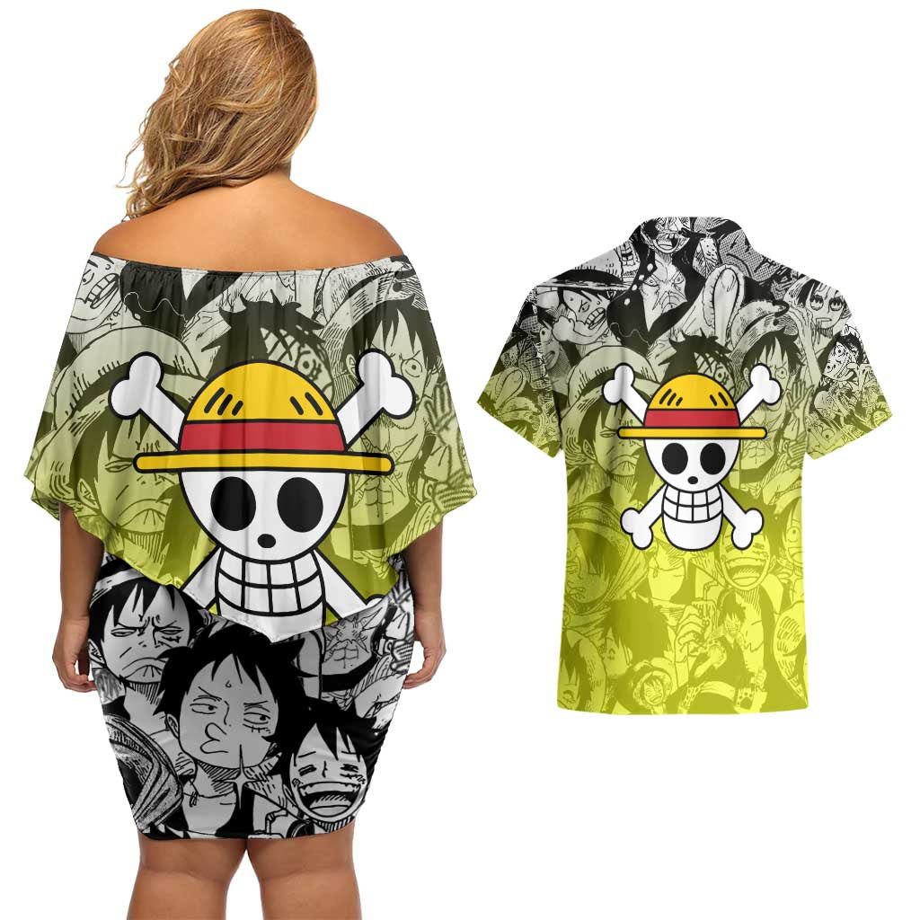 Monkey D. Luffy - One Piece Couples Matching Off Shoulder Short Dress and Hawaiian Shirt Manga Style