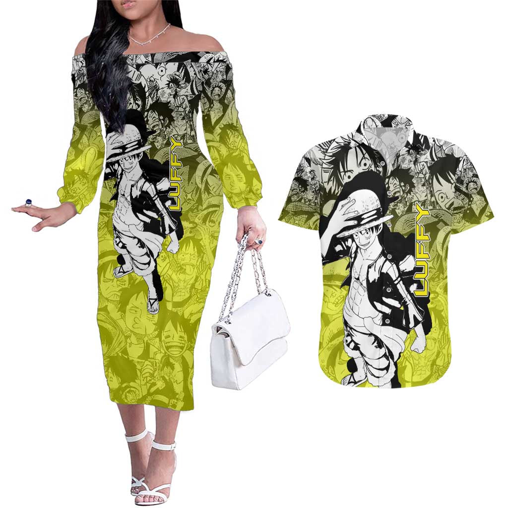 Monkey D. Luffy - One Piece Couples Matching Off The Shoulder Long Sleeve Dress and Hawaiian Shirt Manga Style