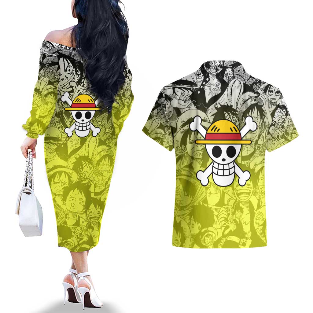 Monkey D. Luffy - One Piece Couples Matching Off The Shoulder Long Sleeve Dress and Hawaiian Shirt Manga Style