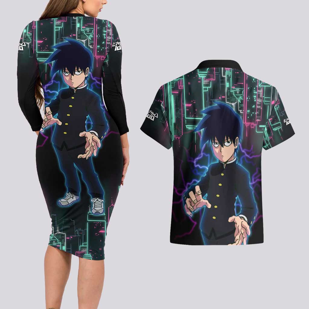 Ritsu Kageyama - Mob Psycho 100 Couples Matching Long Sleeve Bodycon Dress and Hawaiian Shirt Anime Style