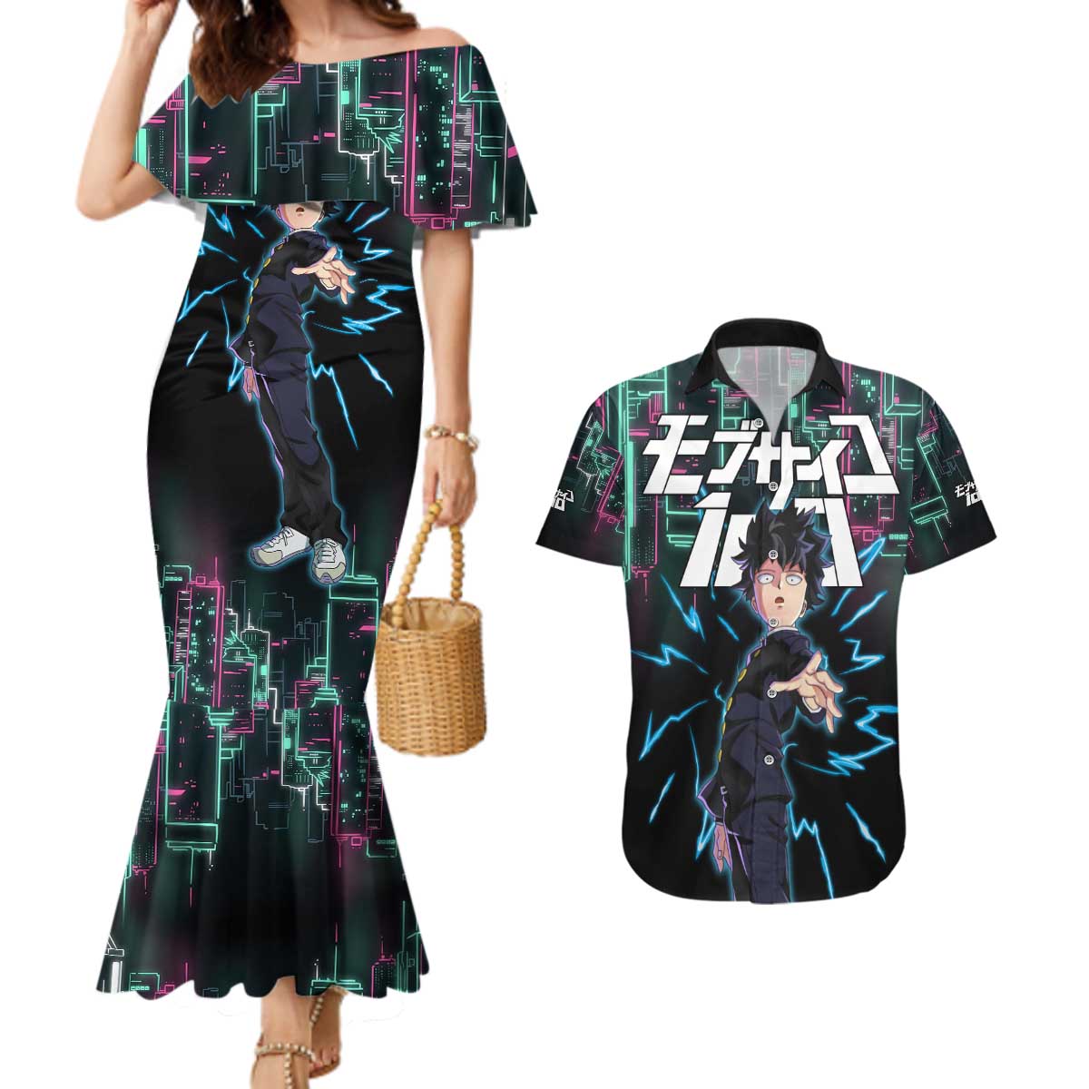Ritsu Kageyama - Mob Psycho 100 Couples Matching Mermaid Dress and Hawaiian Shirt Anime Style