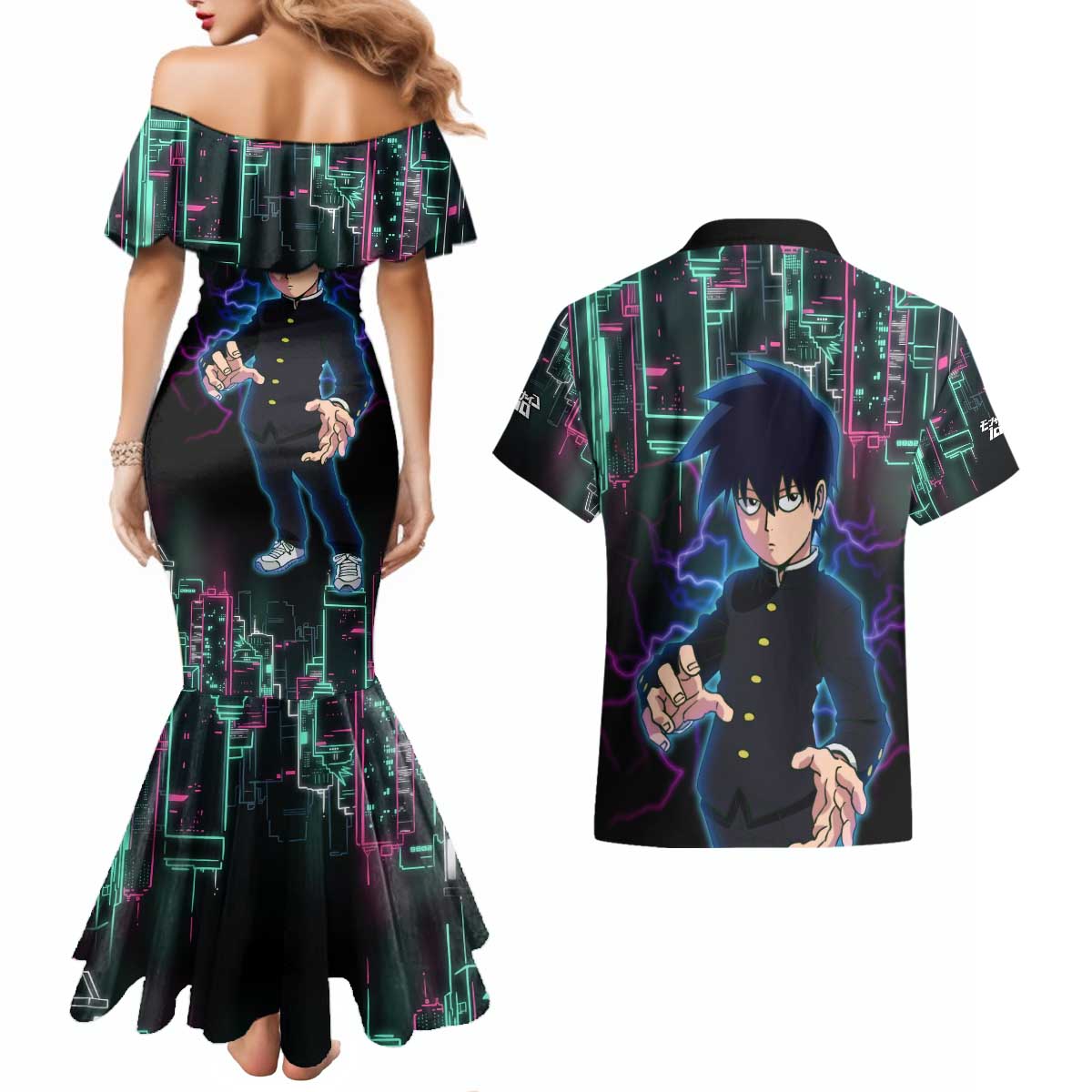 Ritsu Kageyama - Mob Psycho 100 Couples Matching Mermaid Dress and Hawaiian Shirt Anime Style