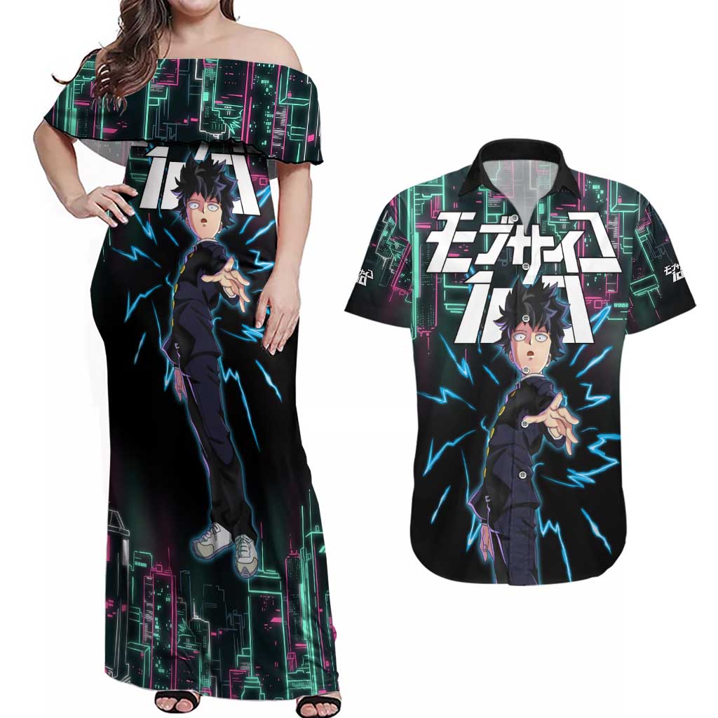 Ritsu Kageyama - Mob Psycho 100 Couples Matching Off Shoulder Maxi Dress and Hawaiian Shirt Anime Style