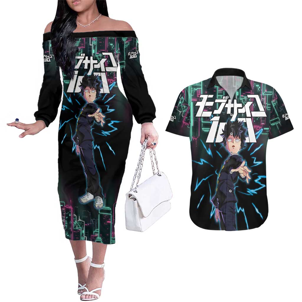 Ritsu Kageyama - Mob Psycho 100 Couples Matching Off The Shoulder Long Sleeve Dress and Hawaiian Shirt Anime Style