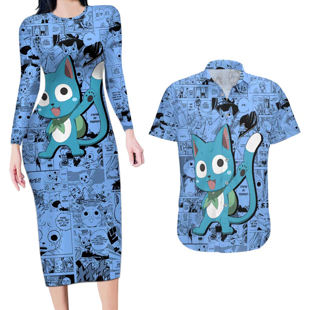 Happy - Fairy Tail Couples Matching Long Sleeve Bodycon Dress and Hawaiian Shirt Anime Mix Manga Style