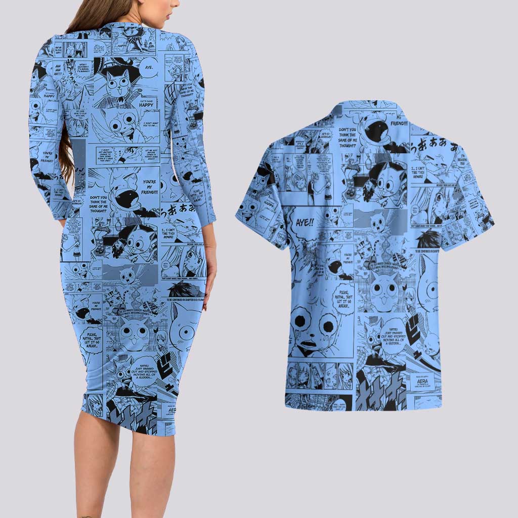 Happy - Fairy Tail Couples Matching Long Sleeve Bodycon Dress and Hawaiian Shirt Anime Mix Manga Style