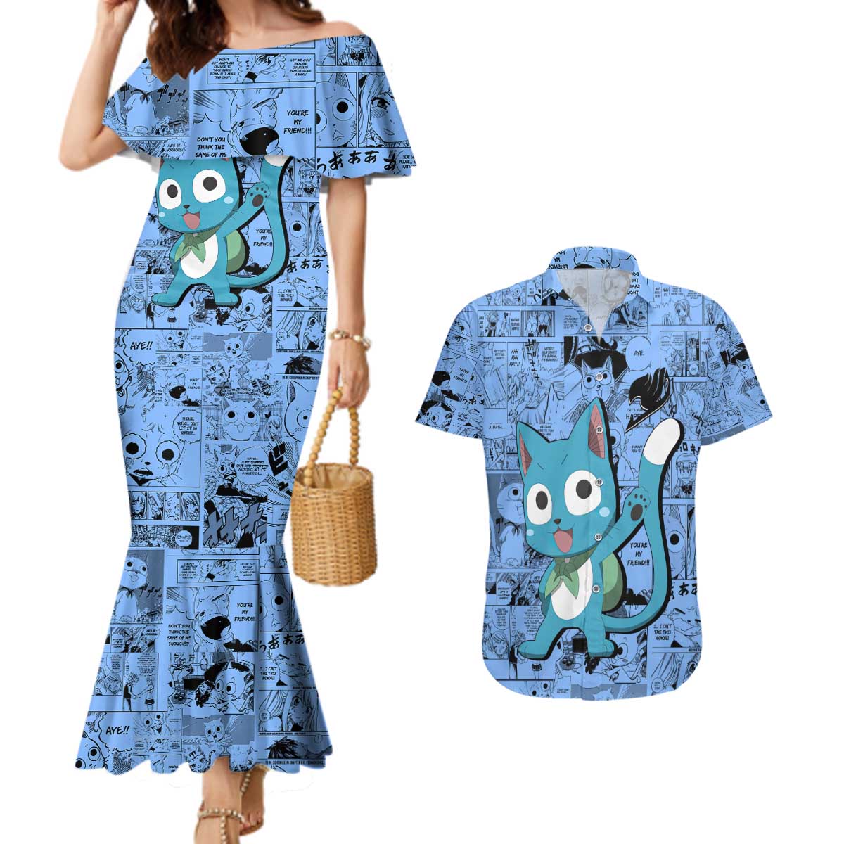 Happy - Fairy Tail Couples Matching Mermaid Dress and Hawaiian Shirt Anime Mix Manga Style