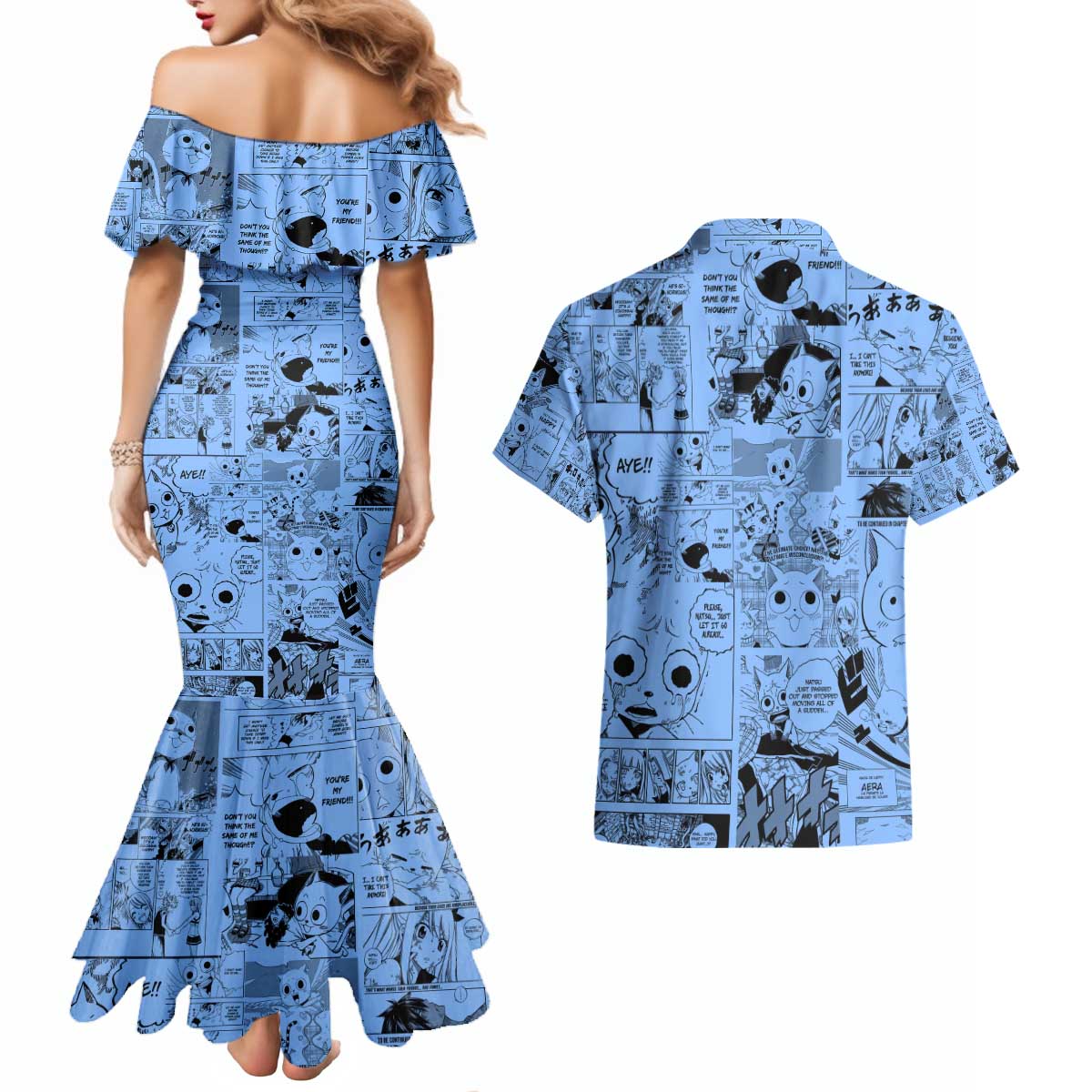 Happy - Fairy Tail Couples Matching Mermaid Dress and Hawaiian Shirt Anime Mix Manga Style