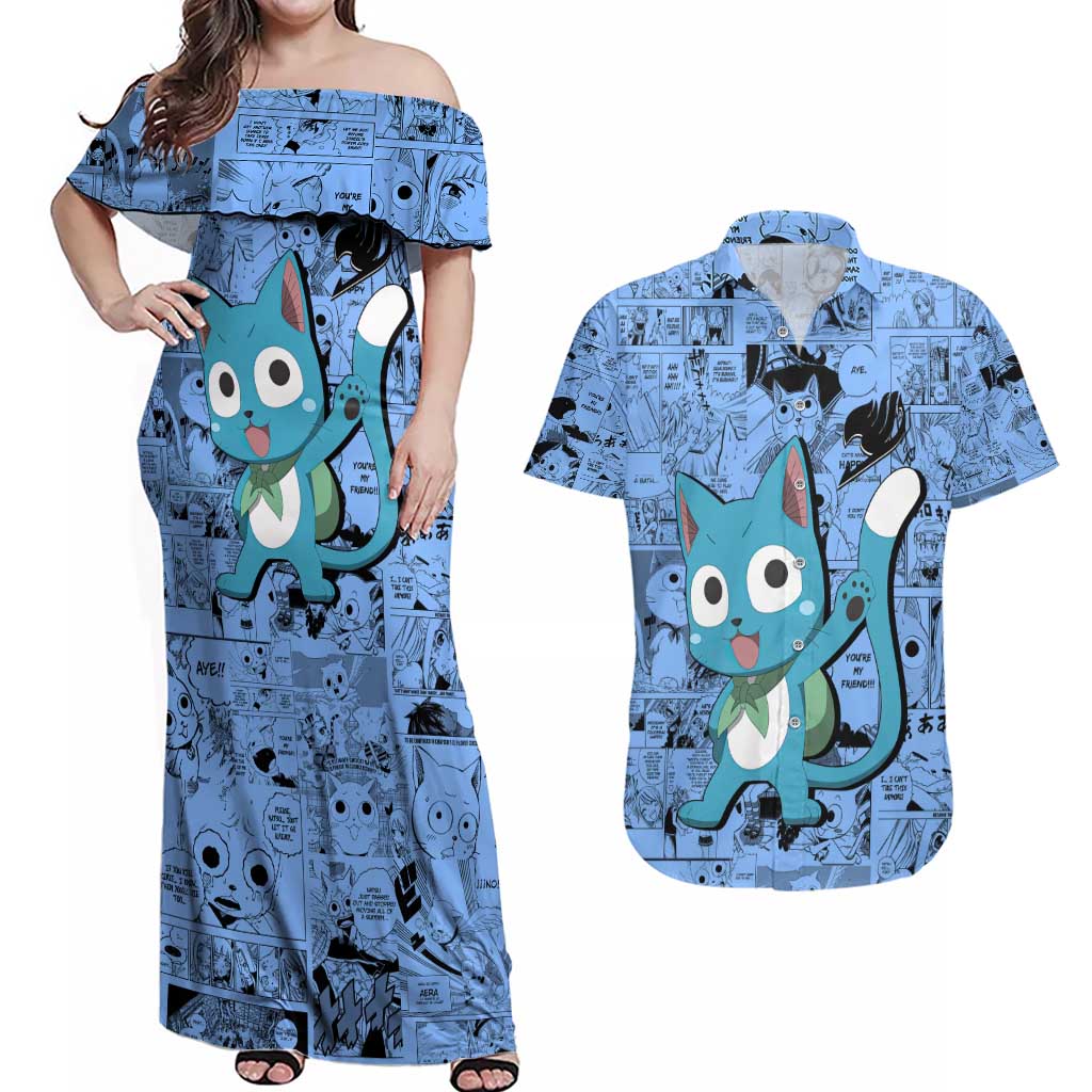 Happy - Fairy Tail Couples Matching Off Shoulder Maxi Dress and Hawaiian Shirt Anime Mix Manga Style