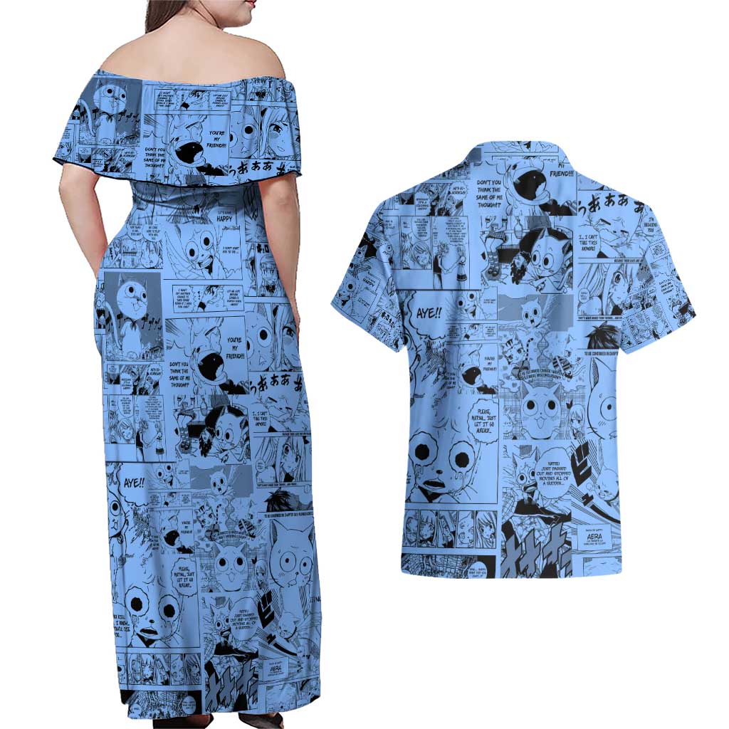 Happy - Fairy Tail Couples Matching Off Shoulder Maxi Dress and Hawaiian Shirt Anime Mix Manga Style