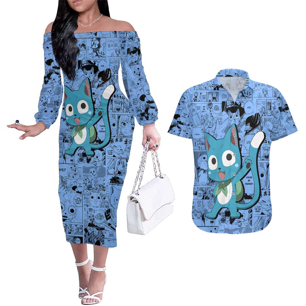 Happy - Fairy Tail Couples Matching Off The Shoulder Long Sleeve Dress and Hawaiian Shirt Anime Mix Manga Style