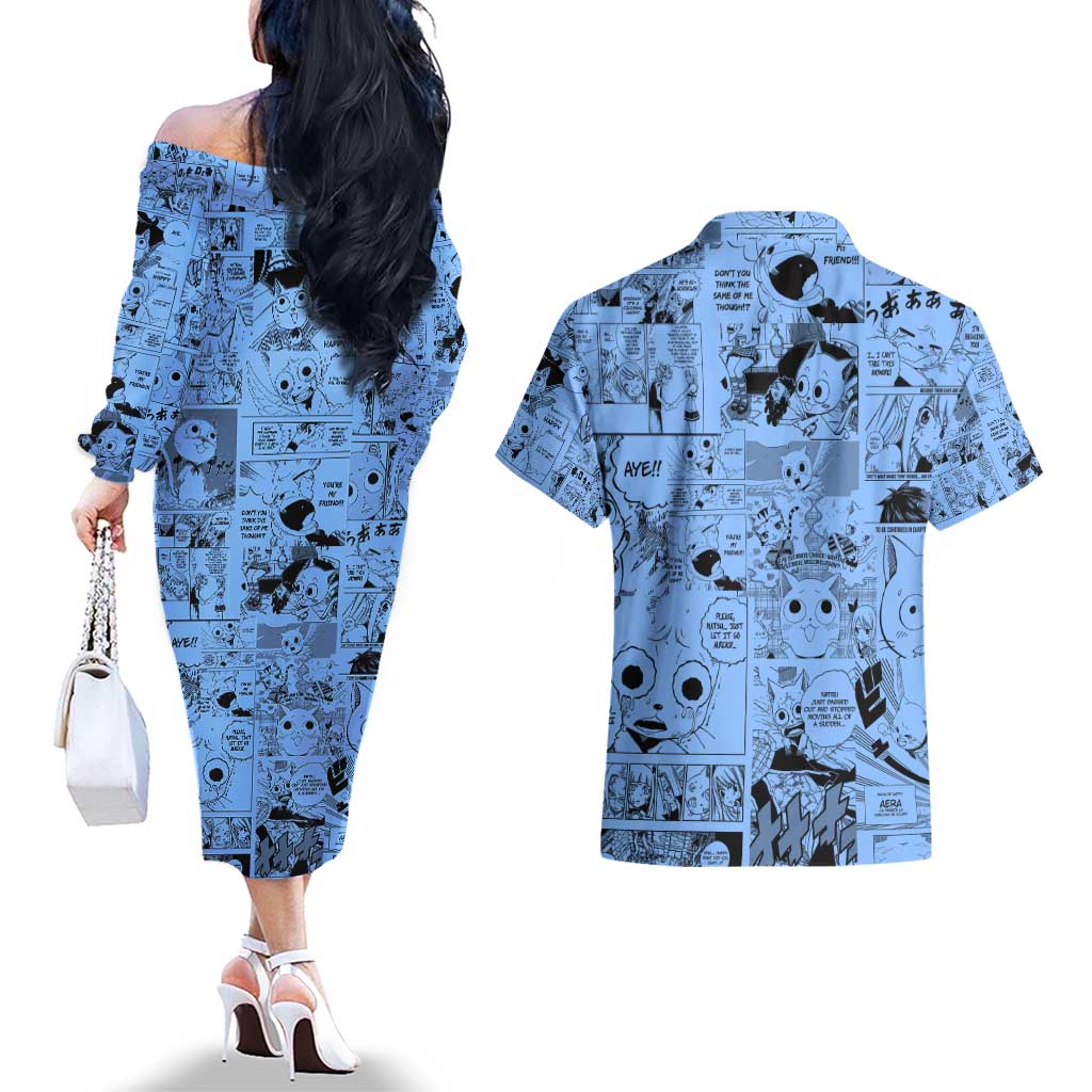 Happy - Fairy Tail Couples Matching Off The Shoulder Long Sleeve Dress and Hawaiian Shirt Anime Mix Manga Style
