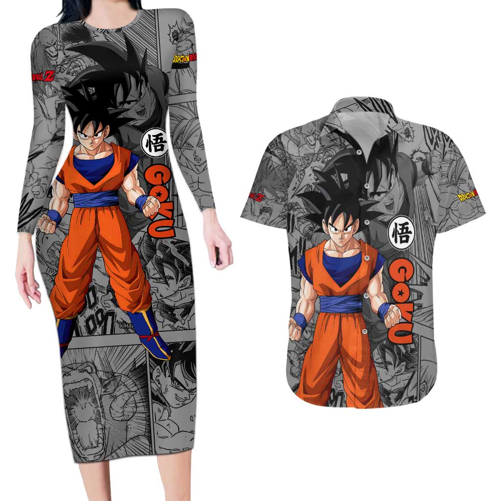 Goku - Dragon Ball Couples Matching Long Sleeve Bodycon Dress and Hawaiian Shirt Anime Mix Manga Style