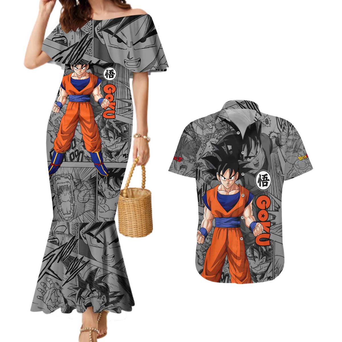 Goku - Dragon Ball Couples Matching Mermaid Dress and Hawaiian Shirt Anime Mix Manga Style