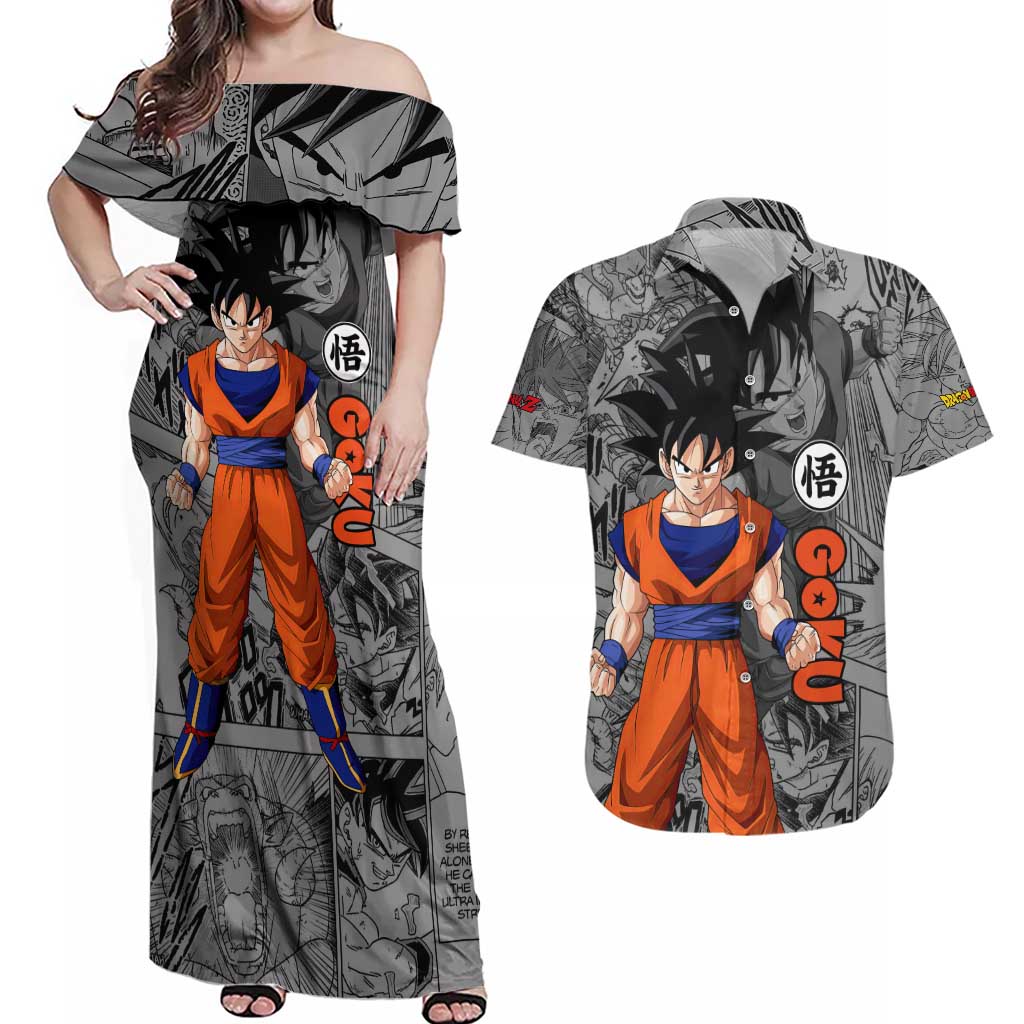Goku - Dragon Ball Couples Matching Off Shoulder Maxi Dress and Hawaiian Shirt Anime Mix Manga Style