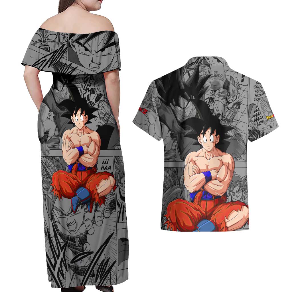 Goku - Dragon Ball Couples Matching Off Shoulder Maxi Dress and Hawaiian Shirt Anime Mix Manga Style