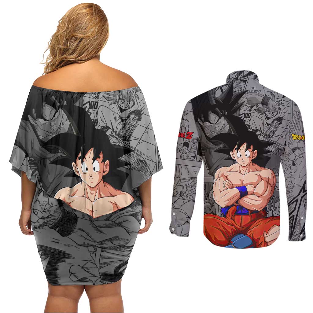 Goku - Dragon Ball Couples Matching Off Shoulder Short Dress and Long Sleeve Button Shirt Anime Mix Manga Style