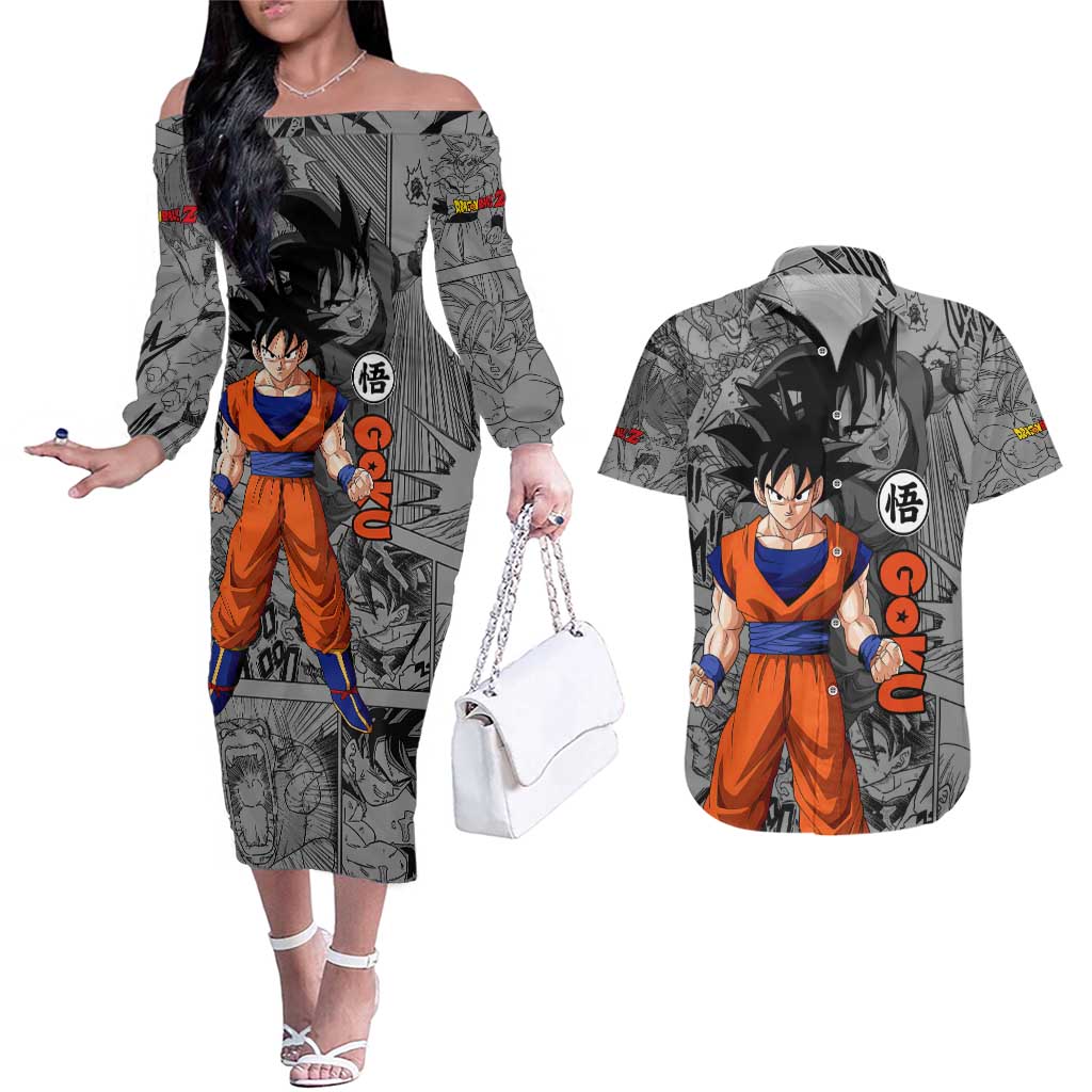 Goku - Dragon Ball Couples Matching Off The Shoulder Long Sleeve Dress and Hawaiian Shirt Anime Mix Manga Style
