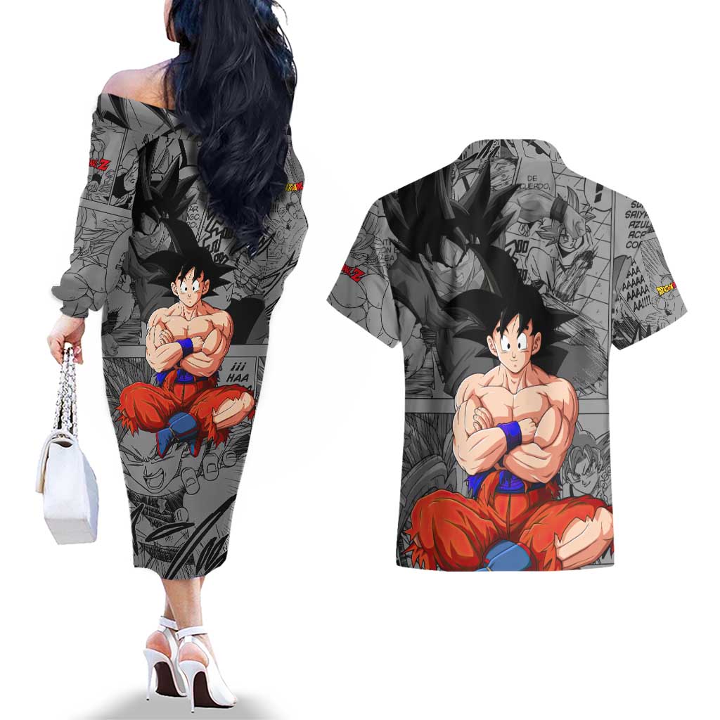 Goku - Dragon Ball Couples Matching Off The Shoulder Long Sleeve Dress and Hawaiian Shirt Anime Mix Manga Style