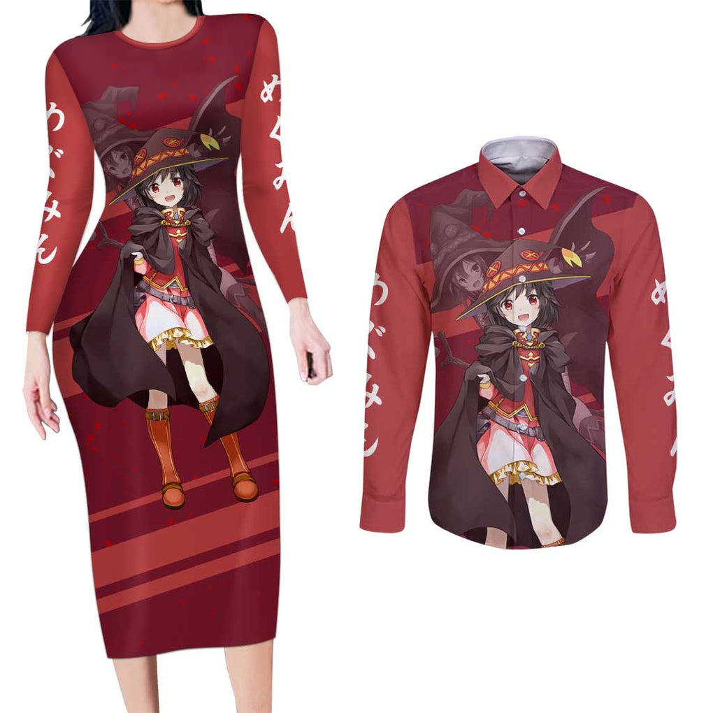 Megumin KonoSuba Couples Matching Long Sleeve Bodycon Dress and Long Sleeve Button Shirt Mix Anime Style