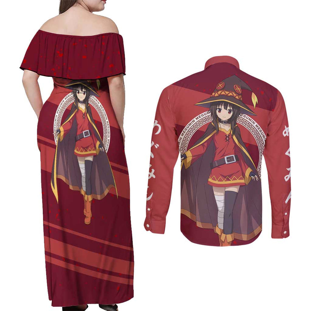 Megumin KonoSuba Couples Matching Off Shoulder Maxi Dress and Long Sleeve Button Shirt Mix Anime Style