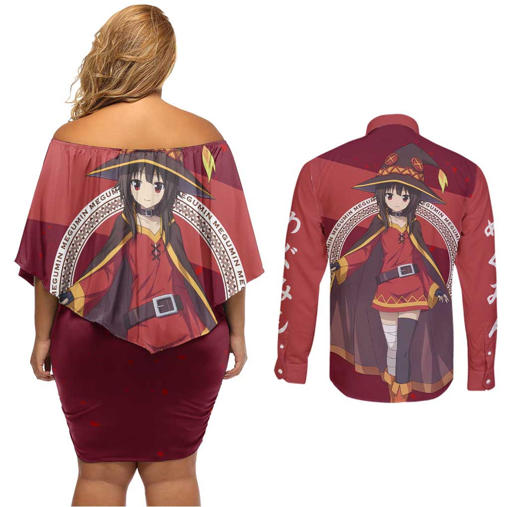 Megumin KonoSuba Couples Matching Off Shoulder Short Dress and Long Sleeve Button Shirt Mix Anime Style