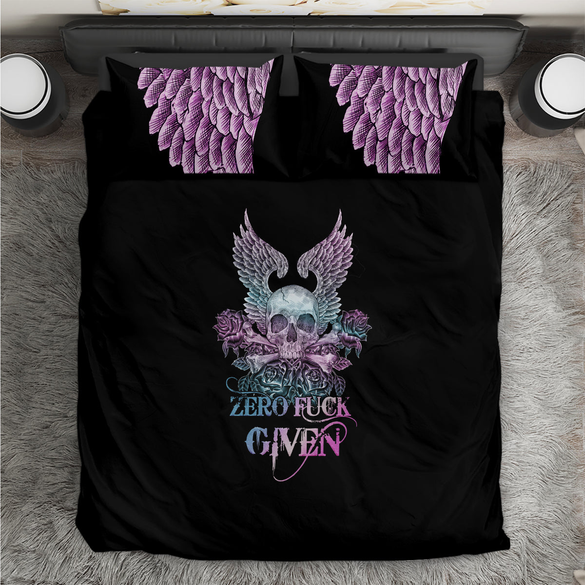 skull-wings-roses-zero-fuck-given-bedding-set